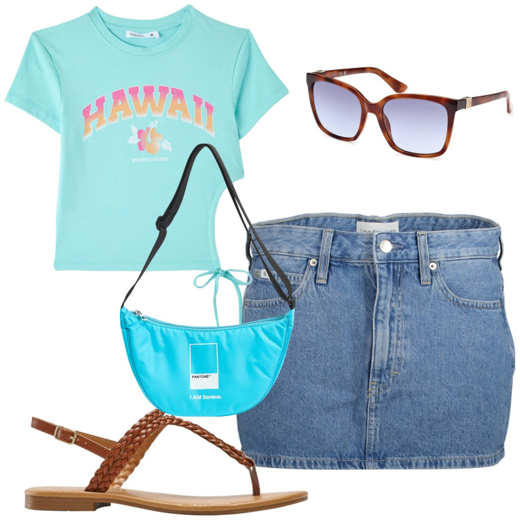 Outfit donna - Total look #1885083. Stile Casual per Tutti i giorni. Abbinamento con ciabatte, marsupi, t-shirt, occhiali da sole, minigonne.