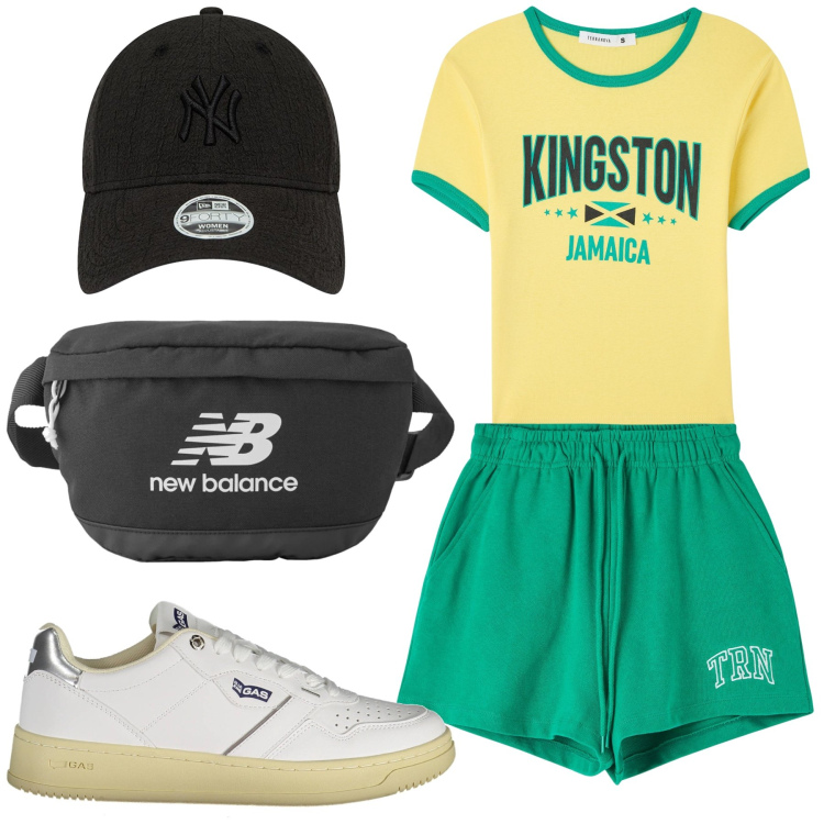 Outfit donna - Allenamento. Stile Basic per Sport. Abbinamento con pantaloncini sportivi, t-shirt sportive, marsupi, cappelli con visiera, scarpe sportive.