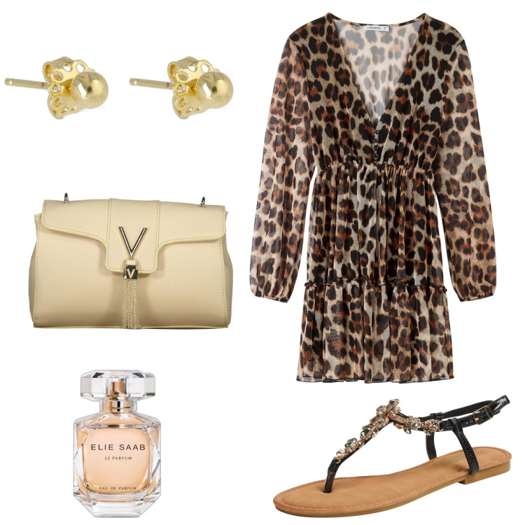 Outfit donna - Total look #1885091. Stile Trendy per Serata fuori. Abbinamento con profumi, vestiti corti, sandali gioiello, orecchini, borse a tracolla.