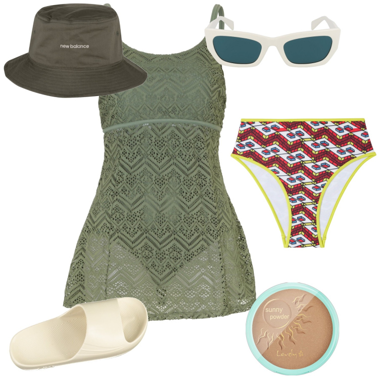 Outfit donna - Verso la spiaggia. Stile Casual chic per Mare. Abbinamento con vestiti da spiaggia, terre, bikini, cappelli, occhiali da sole, ciabatte.