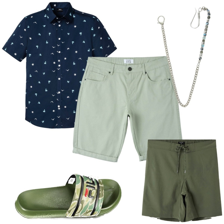 Outfit uomo - Total look #1885127. Stile Trendy per Sport. Abbinamento con camicie a manica corta, costumi, pantaloni, collane, sandali.