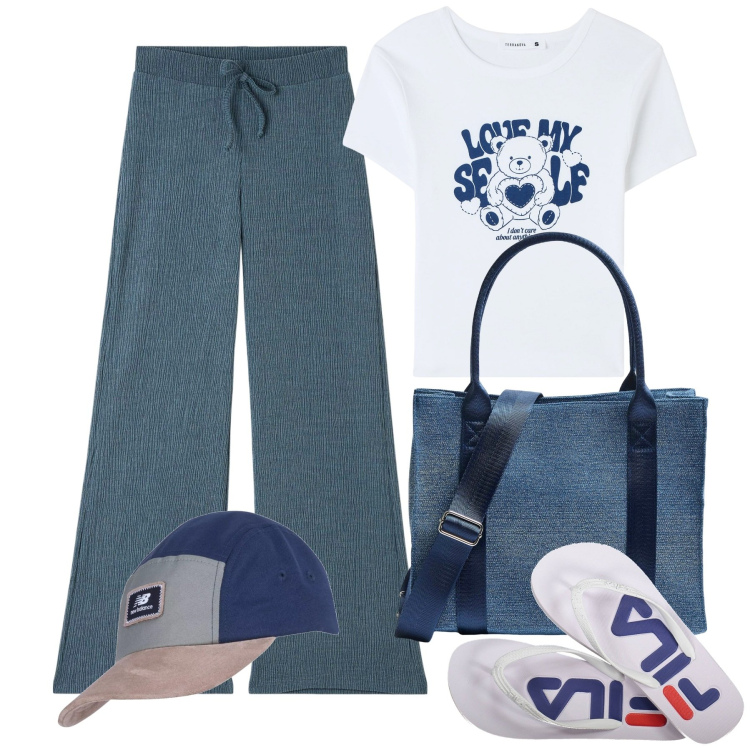 Outfit donna - Me ne sto in ciabatte. Stile Casual per Tutti i giorni. Abbinamento con pantaloni, shopping bag, t-shirt, cappelli, infradito.
