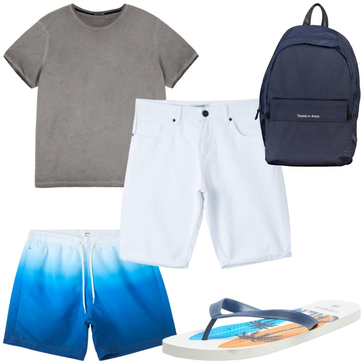 Outfit uomo - Total look #1885141. Stile Trendy per Mare. Abbinamento con sandali, costumi, pantaloni, t-shirt, borse sportive.