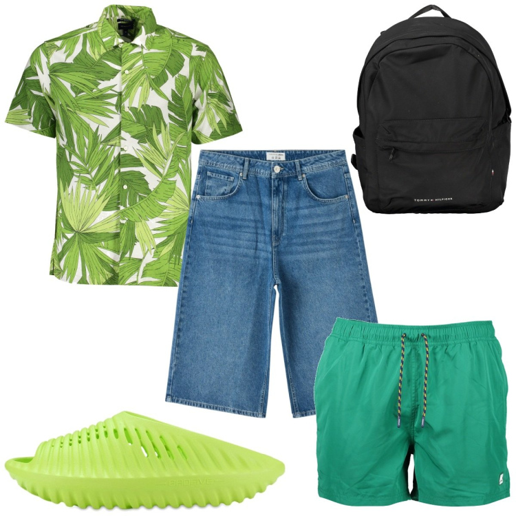 Outfit uomo - Total look #1885145. Stile Trendy per Mare. Abbinamento con pantaloni corti, sandali, costumi, camicie a manica corta, borse sportive.