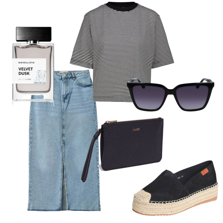 Outfit donna - Total look #1885147. Stile Urban per Tutti i giorni. Abbinamento con profumi, espadrillas, gonne lunghe, t-shirt, occhiali da sole, pochette.