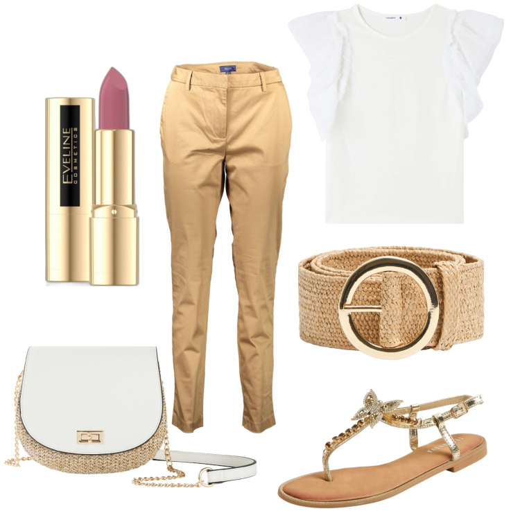 Outfit donna - Total look #1885156. Stile Casual chic per Tutti i giorni. Abbinamento con borse a tracolla, rossetti, t-shirt, cinture, sandali gioiello, pantaloni.
