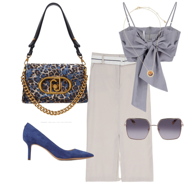 Outfit donna - Eleganza senza tempo. Stile Chic per Cerimonia. Abbinamento con top, gonne longuette, ciondoli, borse a spalla, décolleté, occhiali da sole.