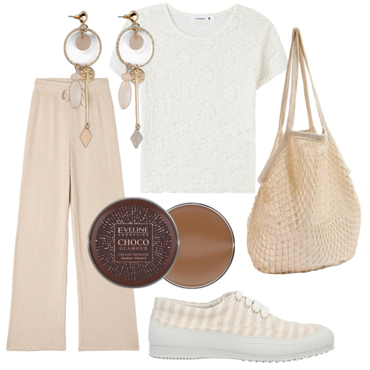 Outfit donna - Total look #1885201. Stile Casual chic per Tutti i giorni. Abbinamento con orecchini, sneakers, terre, t-shirt, pantaloni, borse a spalla.