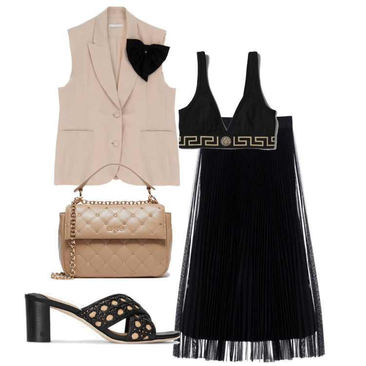 Outfit donna - Estate imperial. Stile Trendy per Serata fuori. Abbinamento con gonne longuette, gilet, sandali in pelle, bralette, borse a tracolla.