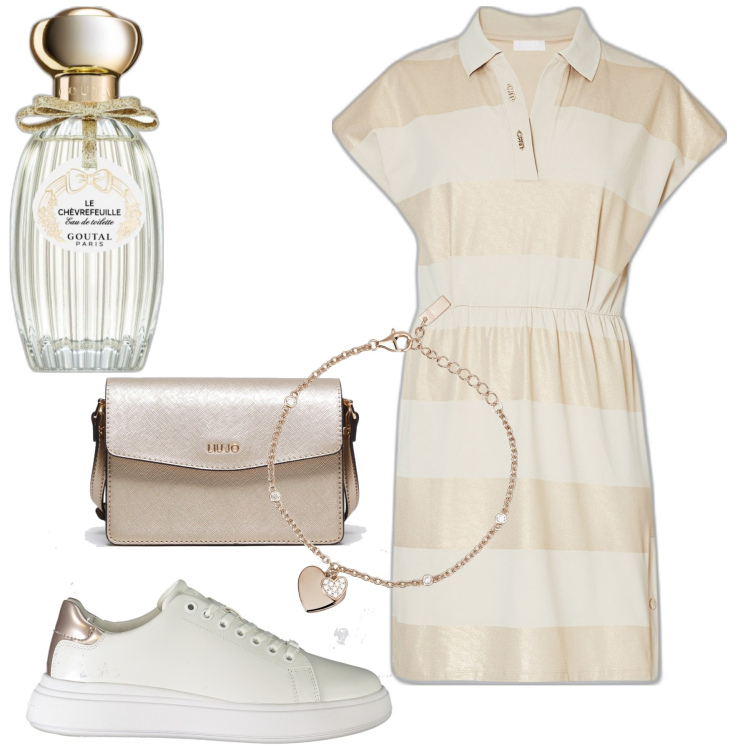 Outfit donna - Tutti i giorni. Stile Casual chic per Ufficio. Abbinamento con profumi, braccialetti con ciondoli, sneakers, borse a tracolla, vestiti.