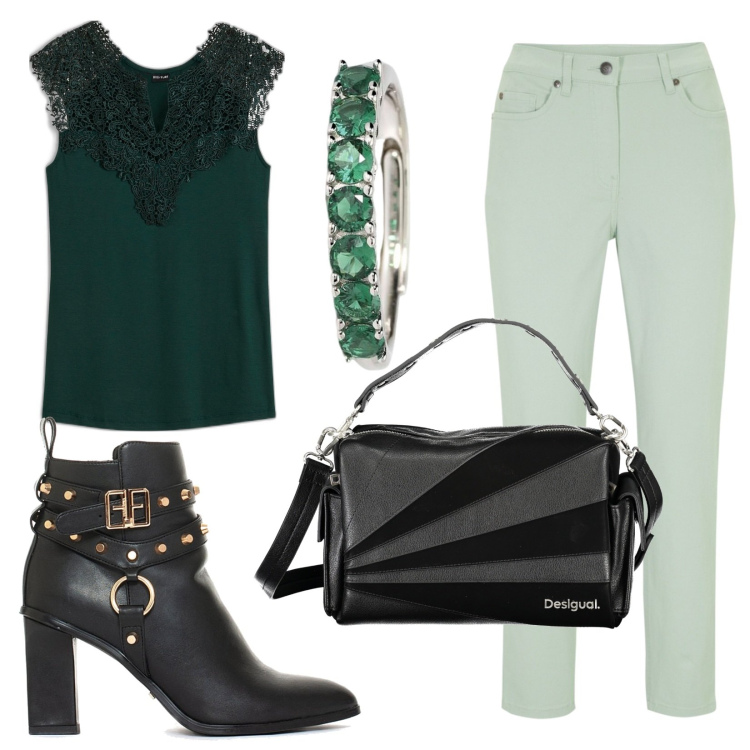 Outfit donna - Total look #1885237. Stile Casual chic per Ufficio. Abbinamento con pantaloni, top, anelli, stivaletti, borse a spalla.