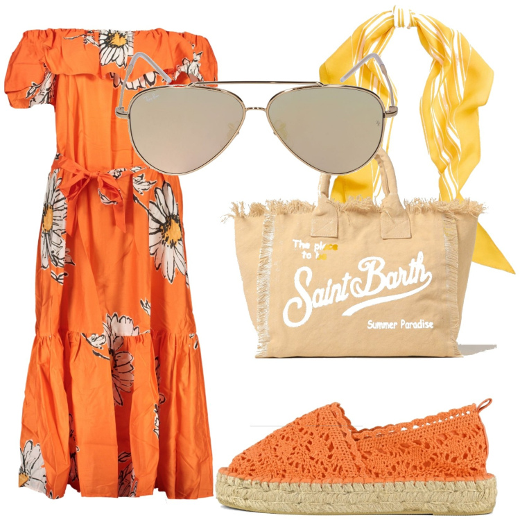 Outfit donna - Total look #1885245. Stile Romantica per Mare. Abbinamento con sciarpe, espadrillas, vestiti lunghi, occhiali da sole, borse a spalla.
