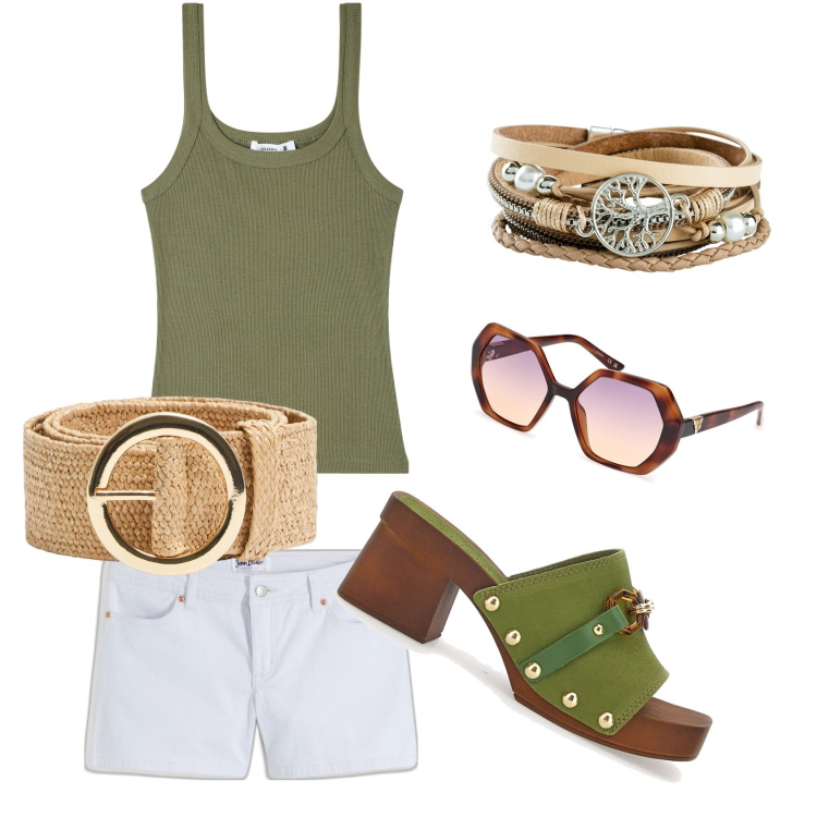 Outfit donna - L\'importanza del dettaglio. Stile Casual per Mare. Abbinamento con braccialetti, shorts, canottiere, cinture, zoccoli, occhiali da sole.