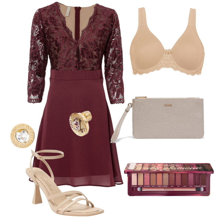 Outfit donna - Total look #1885268. Stile Chic per Cerimonia. Abbinamento con vestiti midi/longuette, reggiseni, ombretti, sandali col tacco, pochette, orecchini.