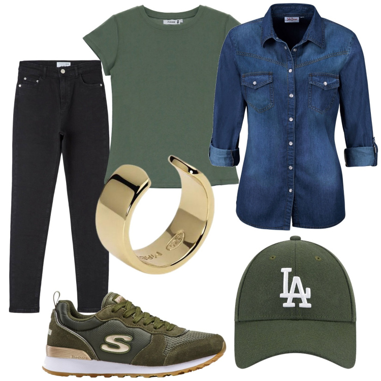 Outfit donna - Total look #1885275. Stile Urban per Tutti i giorni. Abbinamento con camicie, sneakers, jeans skinny, orecchini, t-shirt, cappelli.