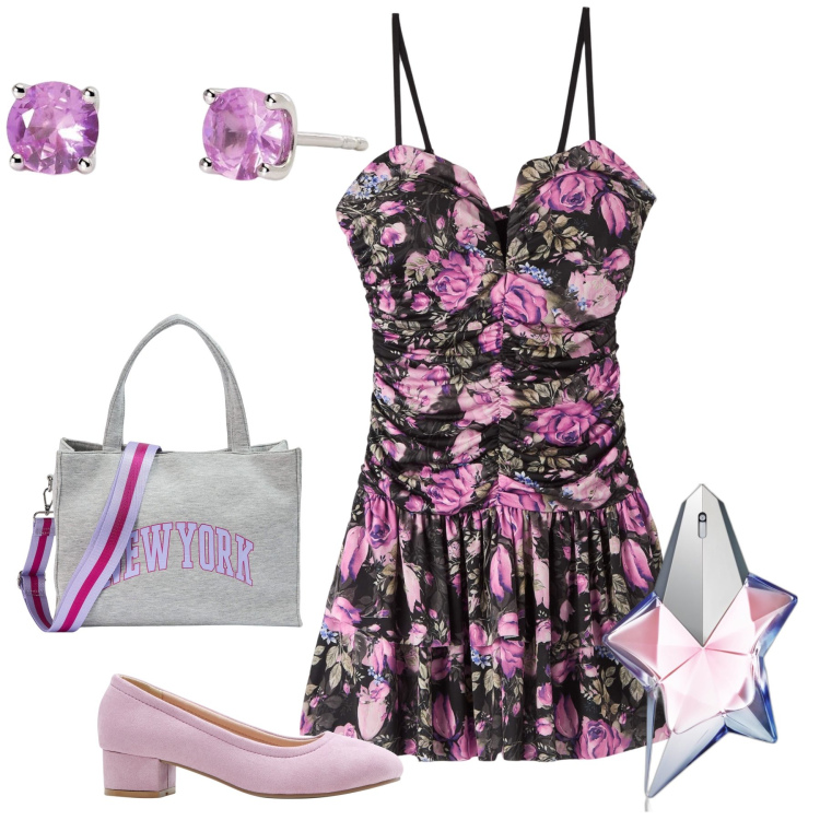 Outfit donna - Evvai col lilla. Stile Bon Ton per Tutti i giorni. Abbinamento con décolleté, profumi, orecchini, vestiti, shopping bag.