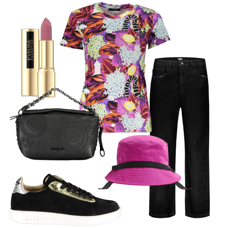Outfit donna - Total look #1885285. Stile Trendy per Tutti i giorni. Abbinamento con rossetti, cappelli, sneakers, jeans, t-shirt, collane.