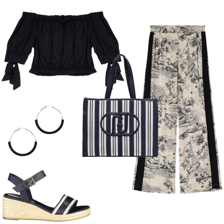 Outfit donna - Elegante discreto. Stile Casual chic per Tutti i giorni. Abbinamento con pantaloni, bluse, orecchini, sandali col tacco, borse tote.