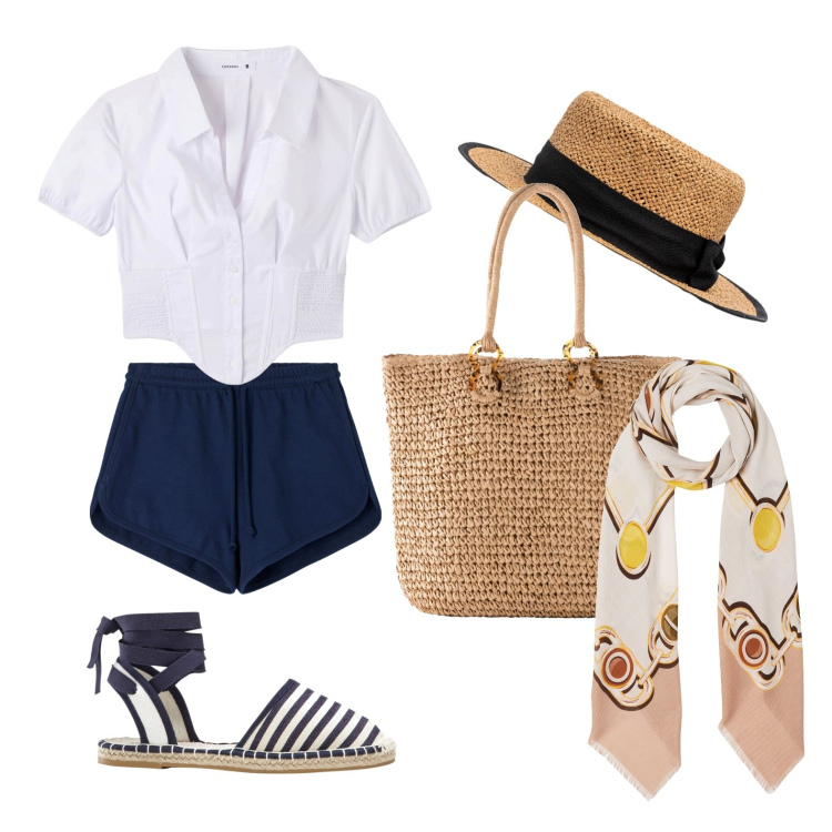Outfit donna - Ghost outfitter - maggio. Stile Casual chic per Tutti i giorni. Abbinamento con espadrillas, shopping bag, shorts, camicie a manica corta, foulard, cappelli.