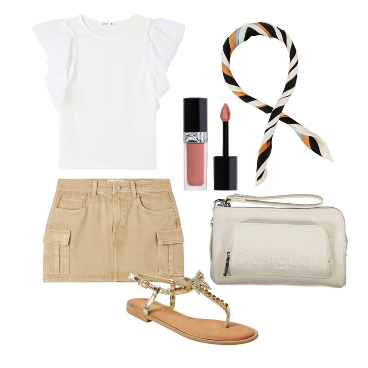 Outfit donna - Ghost outfitter - maggio. Stile Casual per Tutti i giorni. Abbinamento con rossetti, t-shirt, minigonne, sandali gioiello, foulard, borse a tracolla.