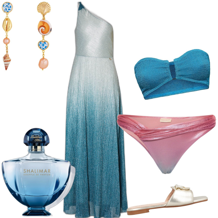 Outfit donna - Venere emerge dal mare. Stile Glamour per Serata fuori. Abbinamento con orecchini, profumi, ciabatte, bikini, bikini, vestiti asimmetrici.