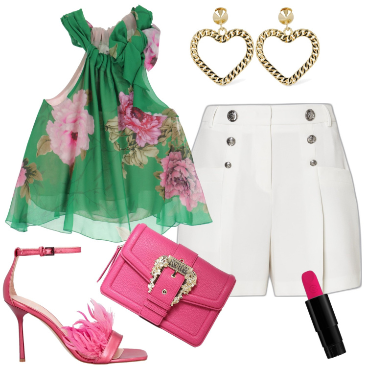 Outfit donna - Serata con le amiche. Stile Glamour per Serata fuori. Abbinamento con rossetti, canottiere, sandali col tacco, borse a tracolla, orecchini, shorts.