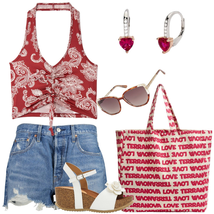 Outfit donna - Rosso e Jeans. Stile Casual per Tutti i giorni. Abbinamento con sandali, borse tote, top, orecchini, occhiali da sole, jeans strappati.