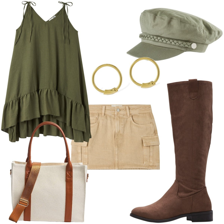 Outfit donna - Total look #1885336. Stile Preppy per Tutti i giorni. Abbinamento con stivali, cappelli, minigonne, vestiti lunghi, shopping bag, orecchini.