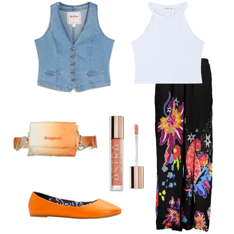 Outfit donna - Gilè e fiori. Stile Casual chic per Tutti i giorni. Abbinamento con gilet, ballerine, gloss, canottiere, pantaloni, borse a mano.