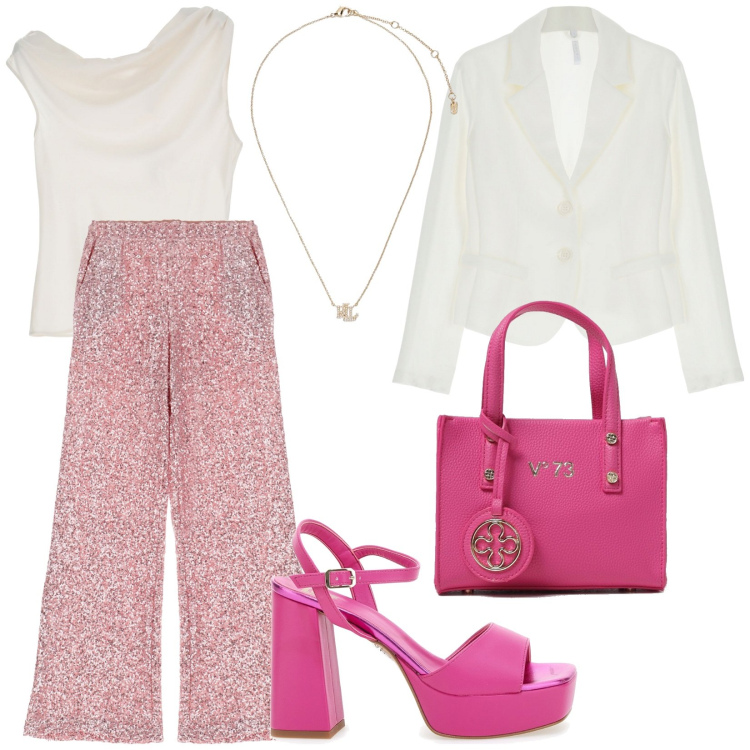 Outfit donna - Voglio brillare. Stile Glamour per Serata fuori. Abbinamento con pantaloni, canottiere, blazer, ciondoli, sandali col tacco, borse tote.