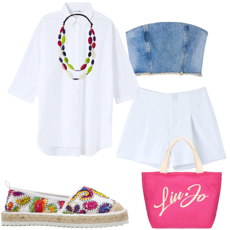Outfit donna - Short e camicia bianchi. Stile Sporty chic per Mare. Abbinamento con espadrillas, top, camicie, shorts, shopping bag, collane.