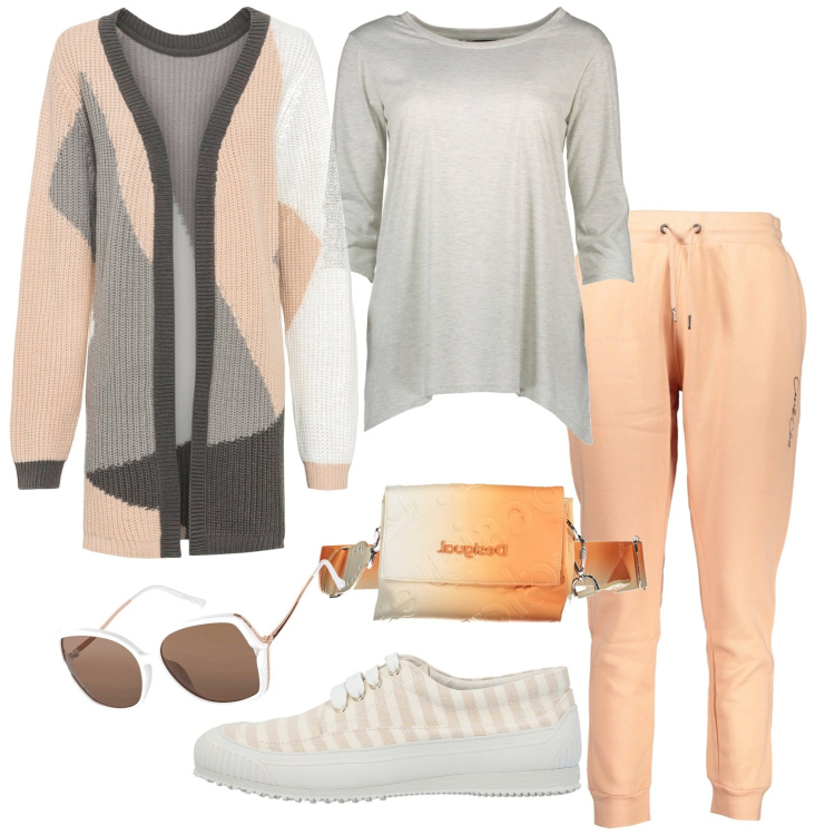 Outfit donna - Tempo libero. Stile Casual per Tutti i giorni. Abbinamento con cardigans, occhiali da sole, sneakers, t-shirt, pantaloni, borse a mano.