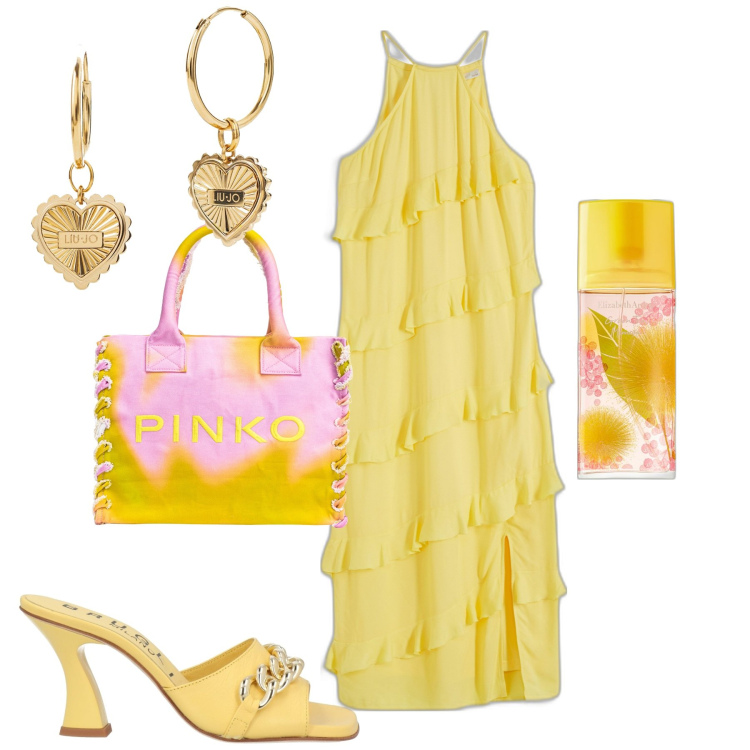 Outfit donna - Al mare. Stile Casual chic per Mare. Abbinamento con vestiti lunghi, sandali col tacco, profumi, shopping bag, orecchini.