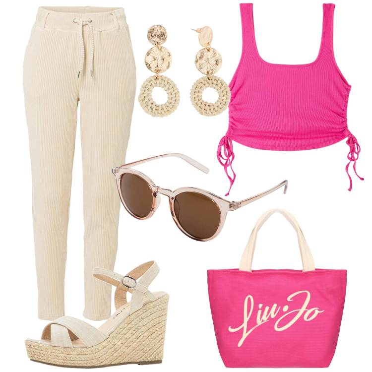 Outfit donna - Molto carina. Stile Glamour per Tutti i giorni. Abbinamento con occhiali da sole, sandali, pantaloni, orecchini, canottiere, shopping bag.