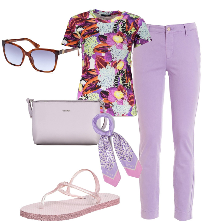 Outfit donna - City. Stile Basic per Tutti i giorni. Abbinamento con sandali, pantaloni, t-shirt, borse a tracolla, foulard, occhiali da sole.
