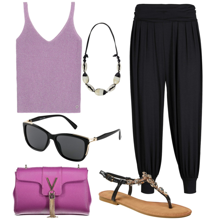 Outfit donna - In città. Stile Casual chic per Tutti i giorni. Abbinamento con pantaloni, occhiali da sole, sandali gioiello, canottiere, borse a tracolla, collane.