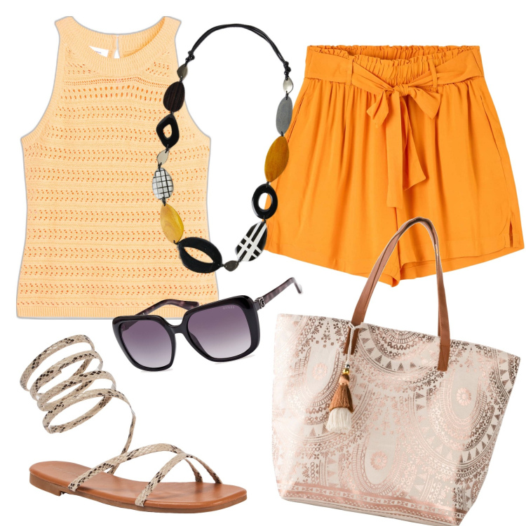 Outfit donna - Arancione da mattina a sera. Stile Casual chic per Tutti i giorni. Abbinamento con top, shopping bag, shorts, sandali, occhiali da sole, collane.