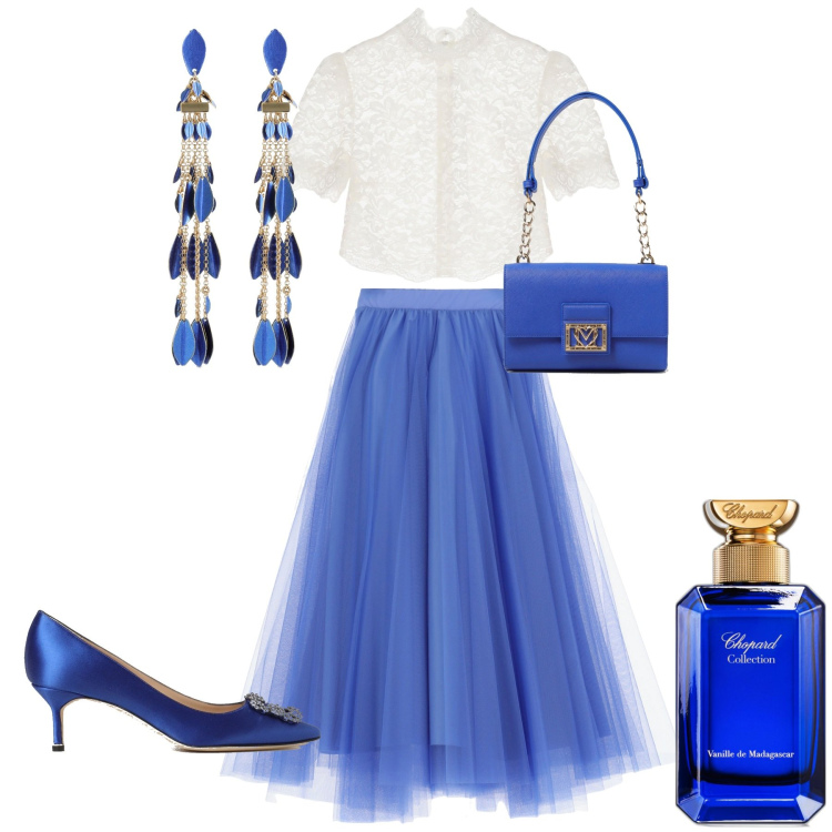 Outfit donna - Bon ton cerimonia evento serata. Stile Bon Ton per Cerimonia. Abbinamento con profumi, gonne longuette, camicie a manica corta, borse a spalla, orecchini, décolleté.