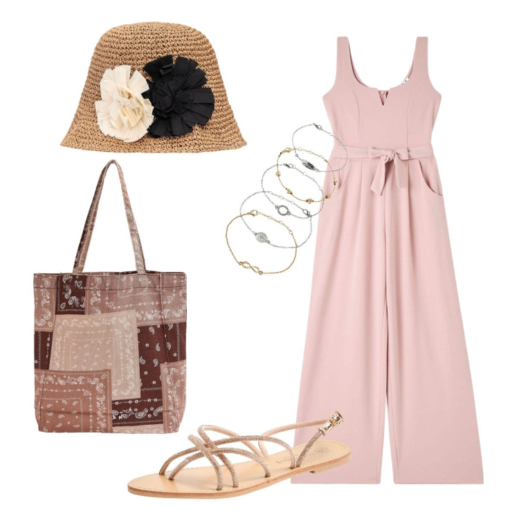 Outfit donna - Total look #1885407. Stile Casual per Tutti i giorni. Abbinamento con braccialetti con ciondoli, sandali, tute, shopping bag, cappelli.