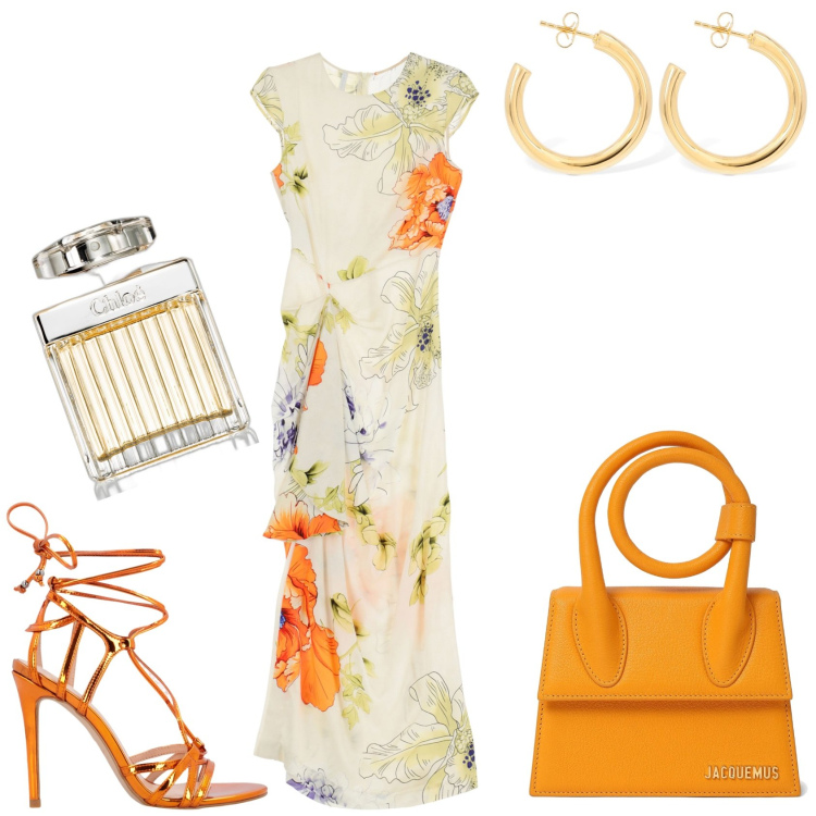 Outfit donna - Cerimonia in fiore. Stile Chic per Cerimonia. Abbinamento con profumi, sandali in pelle, vestiti lunghi, borse a mano, orecchini.