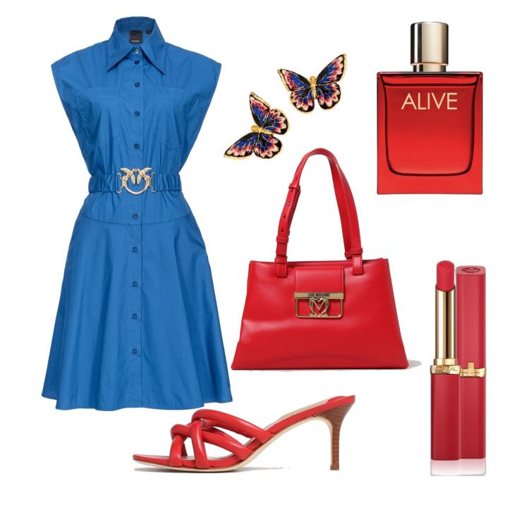 Outfit donna - Primavera in ufficio. Stile Bon Ton per Ufficio. Abbinamento con orecchini, profumi, rossetti, vestiti chemisier, sandali in pelle, borse a spalla.
