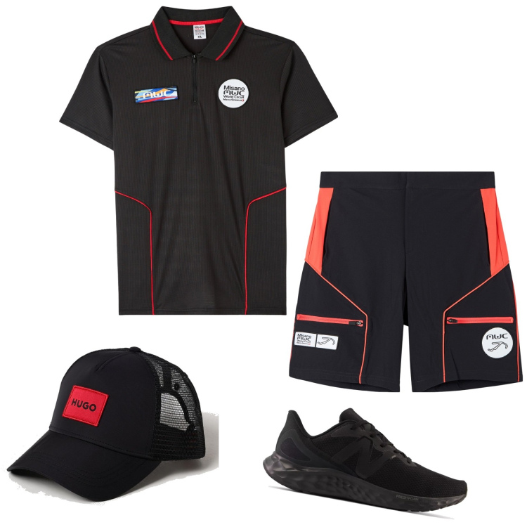 Outfit uomo - Red and black. Stile Casual per Tutti i giorni. Abbinamento con polo, bermuda, sneakers, cappelli.