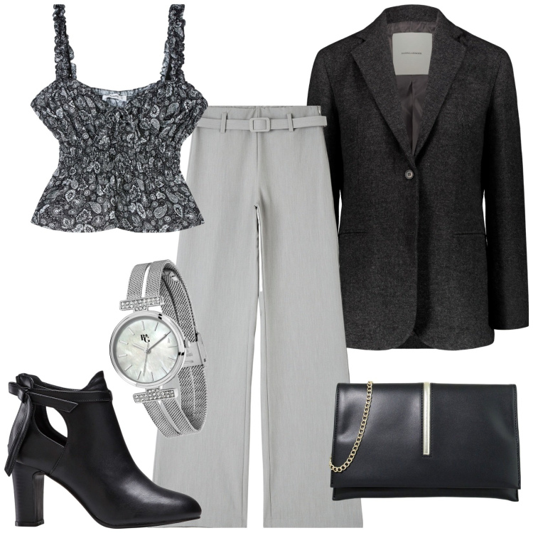 Outfit donna - Total look #1885469. Stile Chic per Serata fuori. Abbinamento con stivaletti, orologi, pantaloni, top, pochette, blazer.