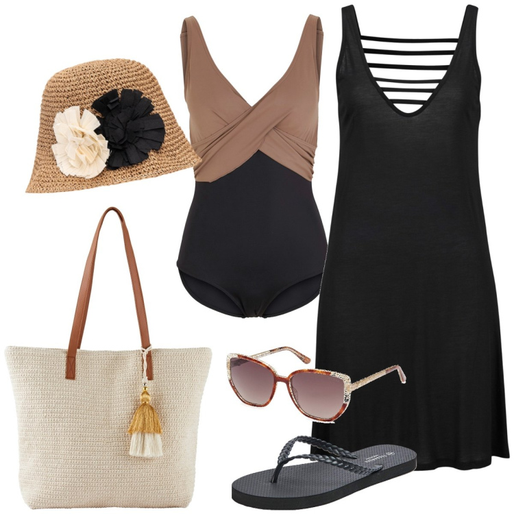 Outfit donna - Giornata in piscina. Stile Basic per Mare. Abbinamento con vestiti da spiaggia, costumi interi, shopping bag, infradito, occhiali da sole, cappelli.