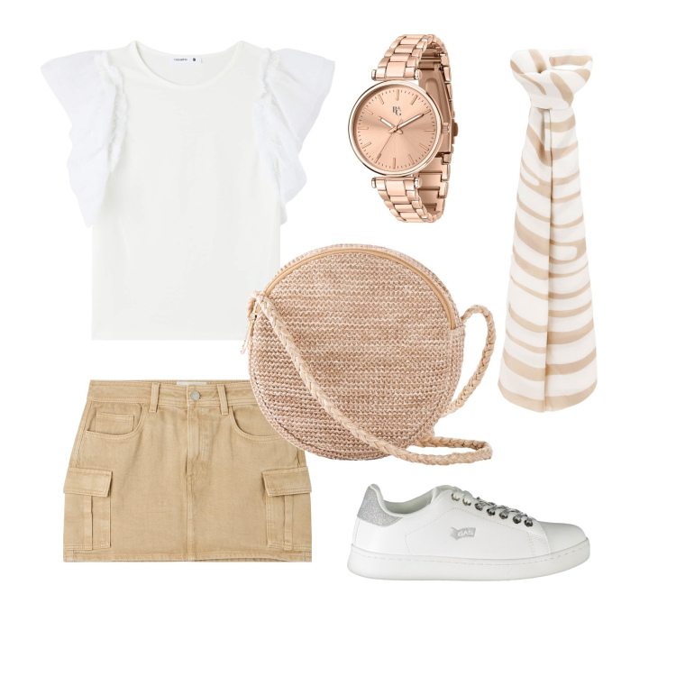 Outfit donna - Sport chic. Stile Sporty chic per Scuola/Università. Abbinamento con borse a tracolla, orologi, minigonne, t-shirt, foulard, sneakers.