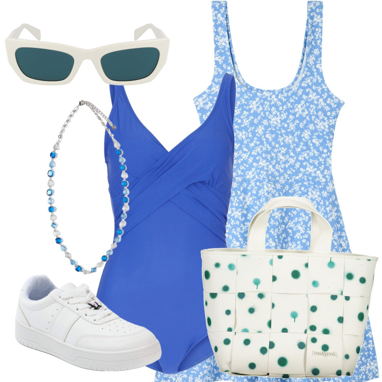 Outfit donna - Primo weekend al mare. Stile Casual per Mare. Abbinamento con costumi interi, sneakers, vestiti, borse a spalla, collane, occhiali da sole.