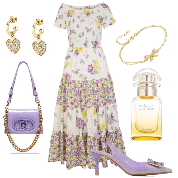 Outfit donna - Romanticamente curvy. Stile Romantica per Serata fuori. Abbinamento con vestiti, orecchini, braccialetti, profumi, borse a tracolla, décolleté.