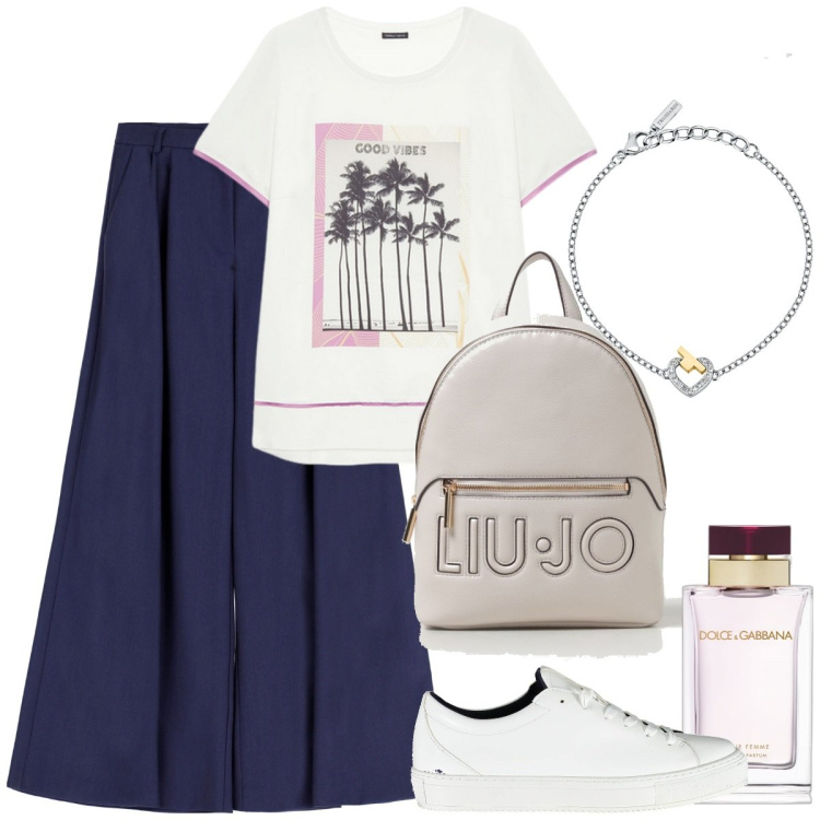 Outfit donna - Total look #1885495. Stile Casual chic per Tutti i giorni. Abbinamento con braccialetti, pantaloni a palazzo, profumi, sneakers, zaini, t-shirt.