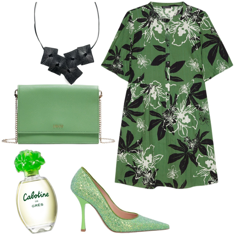 Outfit donna - Verde. Stile Casual per Tutti i giorni. Abbinamento con ciondoli, profumi, vestiti lunghi, décolleté, borse a tracolla.
