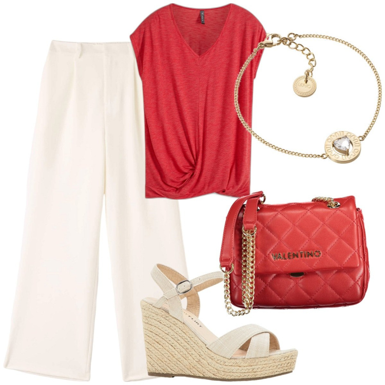 Outfit donna - Estate in bianco e rosso. Stile Casual chic per Tutti i giorni. Abbinamento con maglieria, sandali, pantaloni, borse a spalla, braccialetti.